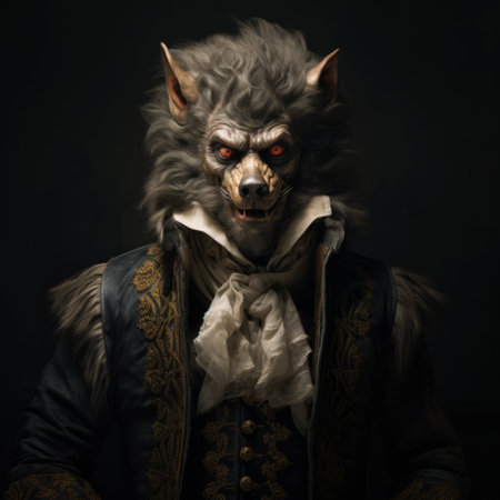howard, a playful character design, is depicted as a werewolf wearing a dark mask in this studio portrait. inspired by rococo art, the historically accurate portrayal showcases intricate details. captured with a tamron 24mm f/2.8 di iii osd m12 lens, the image features a dark beige and crimson color palette, adding depth to the composition. this national geographic photo captures the essence of howard's mysteriousの素材