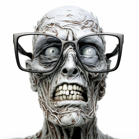 glass-made zombiecore character with sunglasses perched on his head, showcasing ultra-detailed and exaggerated anatomy. this scientific illustration captures the strong facial expression of the deceased figure, set against a crisp white background. ai generatedの素材