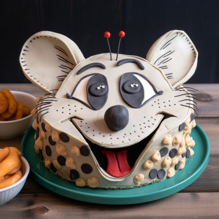 a cake with a cheetah design sits on a plate alongside a pile of chips. the cake features dynamic and exaggerated facial expressions, showcasing anthropomorphic animals in a dark beige and cyan color scheme. the image is captured using focus stacking technique, highlighting the intricate details of the ready-made objects. the design is reminiscent of walt disney's dotted style. ai generatedの素材