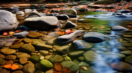 a small stream river flows through a lush forest, winding its way near a massive rock. the photo captures the serene beauty of nature with its light aquamarine and red hues. taken with a zeiss batis 18mm f2.8 lens, the image showcases intricate leaf patterns and exhibits the artistic style of new american color photography. this colorful still-life, reminiscent of national geographic photos, features softの素材