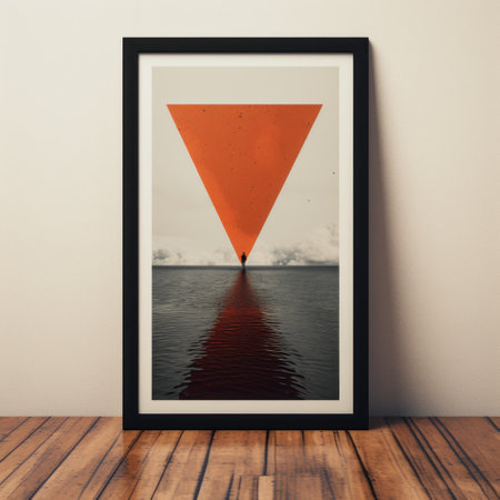 a black square triangle picture mounted frame by christopher robinson, featuring an ominous vibe and a dark orange vintage poster design. the composition captures calm waters through a long lens, incorporating surreal symbolism and photo-realistic elements. ai generatedの素材