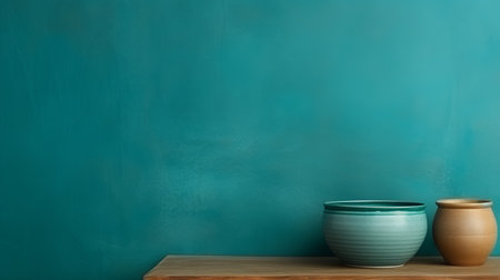 two teal vases sit on a wooden frame against a vibrant green wall in this top view photograph. captured with a panasonic lumix s pro 50mm f/1.4 lens, the image showcases a kitchen still life with quirky pottery. the minimalist palette and subtle tonal gradations create a visually pleasing composition, complemented by the wallpaper and chalk elements. ai generatedの素材
