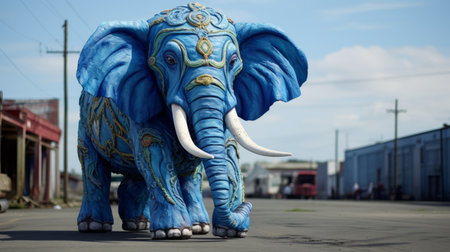an elephant sculpture, in the style of colorful fantasy realism, is captured walking along the side of a street. the sculpture features light indigo and azure hues, with hand-painted details. this high-quality photo showcases the intricate craftsmanship of the sculpture, created using zbrush software. the image was taken with a tokina opera 50mm f14 ff lens, highlighting the fine details of the artwork. the sculptureの素材