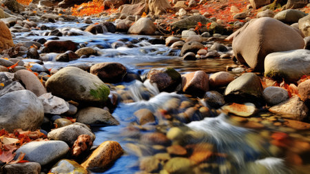 a mountain stream flows through the muddy terrain, showcasing vibrant colors found in nature. captured with the samyang 14mm f2.8 if ed umc aspherical lens, the photo features a mix of light silver and orange hues. the nostalgic subjects and eye-catching composition by igor zenin add a touch of red and azure to the scene. ai generatedの素材