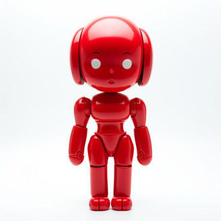 a red toy robot with shiny eyes stands on a white background. this object portraiture specialist captures the robot's bulbous shape and monochromatic color scheme in stunning 8k resolution. the style of the photo is reminiscent of mori kei and dansaekhwa, creating a visually captivating image. ai generatedの素材