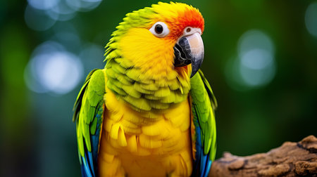 a colorful parrot perches on a branch, showcasing vibrant hues in dark yellow and light green. the petcore style captures its explosive pigmentation, while a soft-focus technique adds a touch of artistry. this award-winning photo features sun-kissed palettes and bright, eye-catching colors. ai generatedの素材