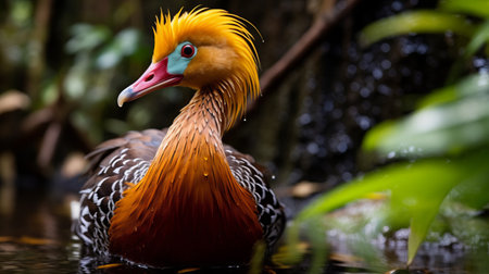 a yellow hen, known as water hens fb04747a, is captured in this photo. the image showcases the mysterious jungle style with vibrant and colorful portraiture. the post-processing enhances the dark amber and red tones, creating a captivating national geographic photo. this traditional vietnamese subject is beautifully depicted, showcasing the intricate details made of feathers. ai generatedの素材