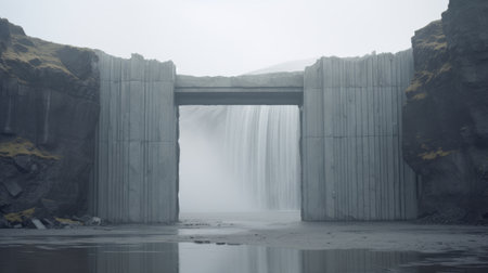 a 3d illustration by ryan oj showcases a waterfall disappearing into a fog, inspired by the concept of fog itself. this artwork combines elements of concrete brutalism, contemporary canadian art, and neo-classical symmetry. ryan oj, an environmental installation artist, skillfully captures the atmospheric seascapes and creates a passage-like experience. shot with a fujifilm x-t4 camera. ai generatedの素材