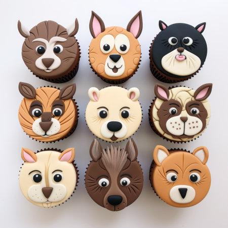 the cakes in this photo are creatively shaped as different characters such as a dog, squirrel, and cat. they are designed in a unique style that features expressive facial animation. the cakes are intricately decorated with detailed monochrome, fawncore, dark brown, and orange colors. the design is inspired by the works of richard doyle and incorporates cut and paste techniques. each cake showcases strong facialの素材