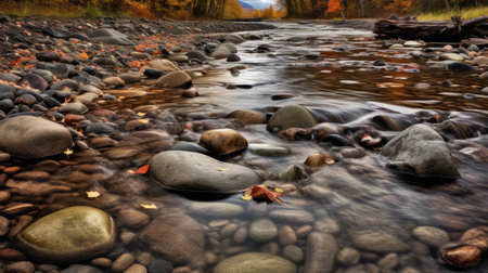 a serene and tranquil scene captured by a zeiss milvus 25mm f/1.4 ze lens. this wide-angle shot showcases a stream of water flowing gently over rocks and leaves, creating a picturesque landscape. the crimson and amber colors, along with the pointillist nature of the image, add a touch of drama and atmospheric perspective to the scene. ai generatedの素材