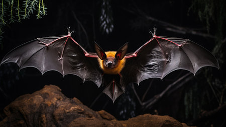 a flying bat with wings out of its nest, soaring into the dark. this captivating photograph by dimitry roulland showcases a mysterious jungle setting. the bat's characterful portrait is captured in close-up, highlighting its dignified pose. the vibrant colors of light red and yellow add to the allure of this unique animal portrait made of rubber. ai generatedの素材