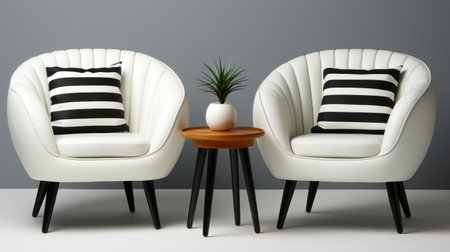 two white armchairs with striped pillows are showcased on a gray background. the boldly black and white style of this distinctive character design adds a touch of elegance. the rounded shape of the armchairs and the striped arrangements create a visually appealing composition. this tabletop photograph highlights the leatherhide material and symmetrical arrangements. ai generatedの素材