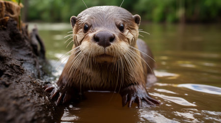 an otter, with its lips covered in hair, lies lifeless on a log. this striking image, captured in the style of vray tracing by oleksandr bogomazov, showcases the otter's shiny eyes and strong facial expression. the artist, known for his marine paintings, has created a traditional yet captivating portrayal of this unfortunate scene. ai generatedの素材