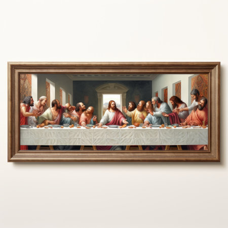 leonardo's last supper framed wall art painting showcases illusory hyperrealism with bold chromaticity. the low resolution adds a unique touch to the light red and light brown hues. this photorealistic composition captures the essence of the iconic scene, while the personal iconography and realistic figurative painting make it a truly remarkable piece. ai generatedの素材