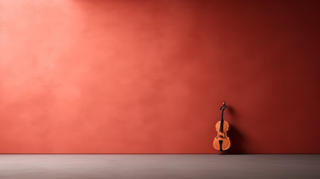a violin is showcased in a blank room, depicted through a 3d rendering in a minimalist style. the background features a combination of dark orange and light crimson, reminiscent of the works of gustave courbet and janek sedlar. the image is texture-rich, with a terracotta color palette, evoking the artistic influences of edogawa ranpo. ai generatedの素材