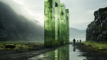 a solitary mountain rises amidst a serene landscape, adorned with green pillars resembling fluid, glass-like sculptures. surrounded by mist, grass, and dirt, this captivating scene captures the essence of norwegian nature. the metallic rectangles and isolated figures add a touch of intrigue, while the perspective rendering by artists mike campau and eve ventrue creates a mesmerizing visual experience. ai generatedの素材