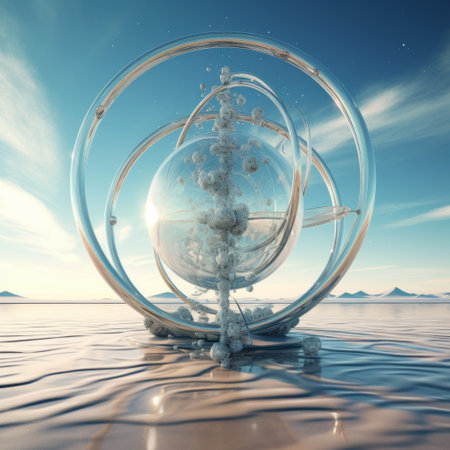 a glass sphere rests on a bed of saltwater, framed by vibrant blue and yellow clouds. the image captures the essence of futuristic contraptions, with its dynamic energy flow and precisionist lines. the ambient occlusion adds depth, while the light silver and light cyan hues create a captivating visual. this composition embodies complexity theory and exudes a solarizing master vibe. ai generatedの素材