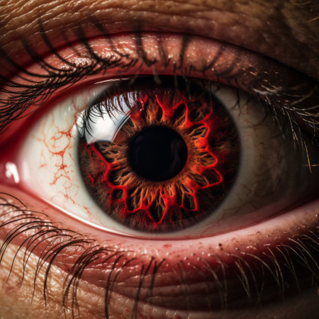 a close-up photograph capturing the intricate details of an eye engulfed in fiery flames, reminiscent of the distinctive style of john wilhelm. this macabre and dark red image, created by caras ionut, showcases a high level of detail and intensity. peter howson's influence can be seen in the horror academia theme portrayed in this uhd image. ai generatedの素材