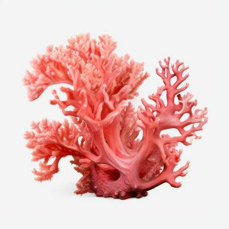 a hyperrealistic still life photo of a pink coral reef against a white background. this unique artwork, inspired by the style of patricia piccinini, showcases intricate details and vibrant colors. the twisted branches of the coral add a distinctive character to the composition. captured with a steinheil quinon 55mm f19 lens, the light red and white hues create a visually captivating image. ai generatedの素材
