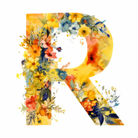 the letter r, made of flowers, leaves, and branches, stands out against a white background. created in the style of dark yellow and light indigo watercolors, this artwork by willem haenraets features bold and vibrant hues. the design showcases a bold character and a vivid color scheme, adding a lively and vibrant touch. ai generatedの素材