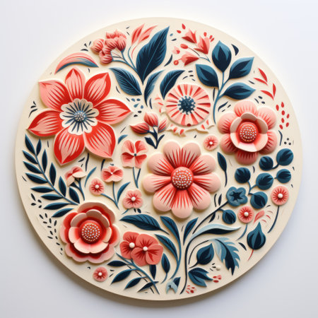 a photo showcasing a colorful woodcarving design inspired by nature. the sculpted flowers in light red and dark blue create a photorealistic composition. the muralist style incorporates vibrant shades of light beige and pink. the artwork is beautifully highlighted with rim light, adding depth and dimension to the nature-inspired art. ai generatedの素材