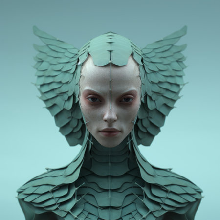 a female alien bird with wings showcasing a unique design on her back, reminiscent of the artistic style of adam martinakis. this fragmented portraiture piece features light teal hues, inspired by the works of anka zhuravleva. the exaggerated facial features, reminiscent of anton fadeev's style, add a touch of realism and hyper-detail to this captivating artwork. ai generatedの素材