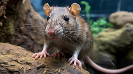 a rat with shiny eyes stands next to a small tree, showcasing meticulous detail and a strong facial expression. the dark crimson and light brown colors add depth to the image. the photo is captured in the style of detailed scientific subjects, highlighting the use of back button focus. ai generatedの素材