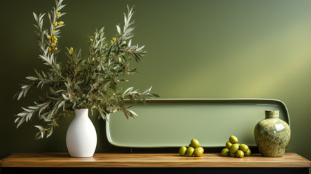 a vase with black and white leaves, rendered in the style of octane render, showcases a dark green color palette with the use of screen tones. this mediterranean-inspired piece is presented in stunning 8k resolution, featuring a combination of light green and yellow hues that exude a pastoral charm. ai generatedの素材