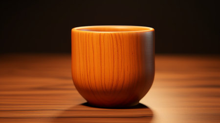 a table with an orange coffee cup placed on top, showcasing a unique blend of traditional japanese artistic techniques and the use of the laowa 100mm f/2.8 2x ultra macro apo lens. rendered in unreal engine, this uhd image captures the intricate details of the varying wood grains. the composition plays with light and shadow, creating an object-oriented visual experience. ai generatedの素材