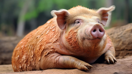 a brown pig with lively facial expressions sits on a dirt area in this ultra hd national geographic photo. the emphasis on facial expression captures the petcore and reductionist form of the pig, with shades of light pink and light crimson adding to its charm. ai generatedの素材