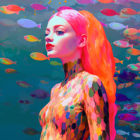 a woman sitting among fish in a speedpainting style, featuring bright and vivid colors. the artwork showcases pixelated realism and incorporates translucent colors, predominantly pink and orange. the composition combines elements of realism with surrealistic touches, including intricate body-painting. ai generatedの素材
