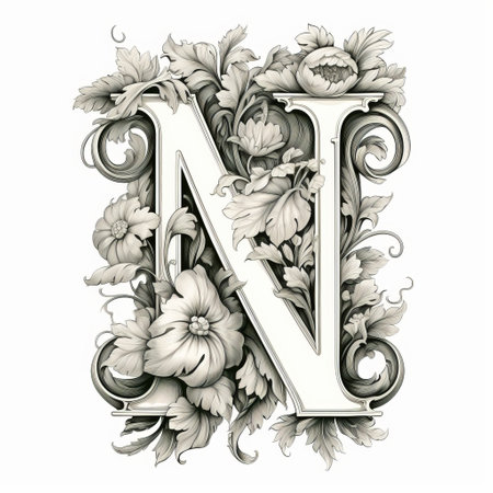 the letter "n" is adorned with intricate illustrations of flowers and leaves, showcasing a monochromatic realism style. the elaborate engravings, artgerm, dark white, and light gray tones add depth to the design. the bold lettering stands out against the detailed background, reminiscent of the works of jan matejko. ai generatedの素材