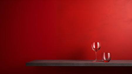a wooden table with wine glasses is placed against a red wall, creating a visually striking image in the style of conceptual minimalism. this high-quality, uhd photo showcases a bold color field with a combination of red and gray tones. the glass material adds a touch of elegance to the uniformly staged composition. ai generatedの素材