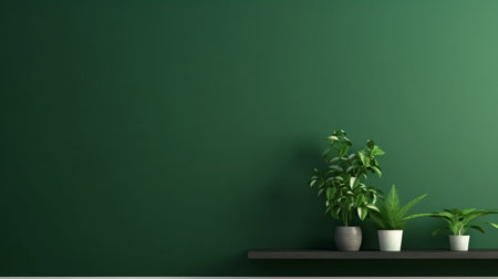terracotta pots on a shelf against a green wall with potted plants. realistic rendering of dark emerald hues. uhd image capturing the lively interiors. simplicity and monochromatic color palettes complemented by wallpaper. pseudo-realistic depiction adds depth to the composition. ai generatedの素材