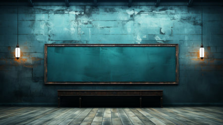 an unused classroom with grey and blue color scheme, featuring a blackboard and wooden flooring. the photo resolution captures the post-apocalyptic backdrop style, with dark amber and turquoise hues resembling realistic oil paintings. the image showcases a multilayered texture, adorned with a bronze patina. its industrial and product design elements create a captivating layered composition. ai generatedの素材