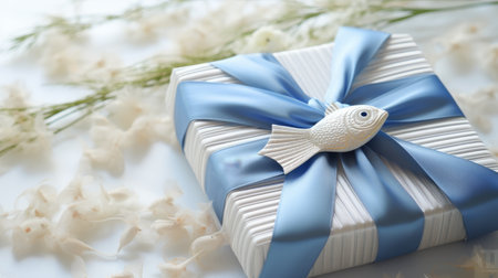 a blue ribbon adorns the present, accompanied by a white gift tag. the fish-eye lens captures the delicate and intricate details of this japonism influenced piece. the image evokes a sense of romantic emotion with its soft edges, blurred details, and symbolic elements. ai generatedの素材