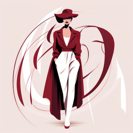 abstract illustration of a fashion-forward woman wearing a polo blouse and hat. this vector illustration showcases a unique style with a combination of light maroon and crimson colors. the design exudes a futuristic glam vibe with flowing forms and a full-body depiction. the illustration captures a haunting elegance that is perfect for your design projects. ai generatedの素材