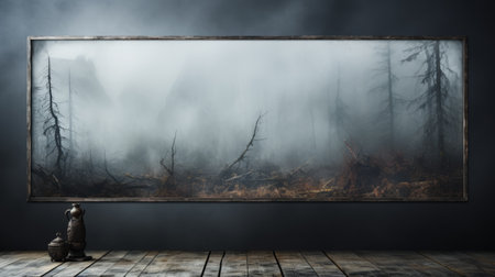 a black and white photograph captures a foggy scene over a wooded landscape, resembling realistic anamorphic art. the image features rusty debris and is framed by an artist's frame. the smokey background adds to the conceptual installation, while the dark and foreboding colors create a captivating tabletop photography composition. ai generatedの素材