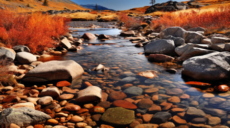 the reddish brown grass, resembling sparkling water reflections, creates a captivating backdrop for the mountainous vistas captured in this hasselblad h6d-400c photograph by chase stone. the vibrant orange and amber hues add a striking color splash to the scene, making it a visually stunning image. ai generatedの素材