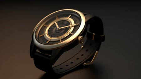 a black and gold watch, with a hypnotic symmetry, is showcased on a sleek black background. rendered in unreal engine, this unique timepiece embodies the essence of dieselpunk aesthetics. with influences from the ricoh gr iii camera and a touch of japanese contemporary design, the watch features a captivating blend of light indigo and light bronze tones. experience the mesmerizing allure of this ue5 creation.の素材
