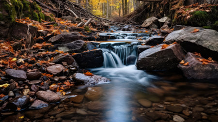 a stream with rocks and leaves flowing through it, captured in the style of sony fe 12-24mm f2.8 gm lens. the image showcases a dark cyan and amber color palette, reminiscent of the artwork by filip hodas. with the use of a c-mount lens and high dynamic range, this outdoor scene is beautifully enhanced, creating a captivating monochromatic color scheme. ai generatedの素材