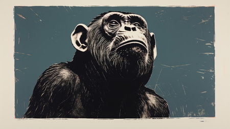 a black and white chimp with a strong facial expression is depicted in this woodcut and linocut style artwork. the dark sky-blue and bronze colors add depth to the piece, reminiscent of the art of the ivory coast. the large format lens captures the intricate details, similar to the works of damien hirst and george bellows. ai generatedの素材