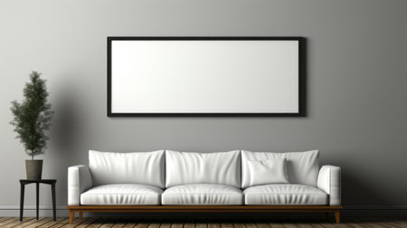 white sofa in a front room featuring a blank frame for hanging. this 32k uhd style photo showcases a tonalist color scheme with shades of gray and black. with a genre-defying and industrial-inspired aesthetic, this high-definition associated press photo captures the essence of modern interior design. ai generatedの素材