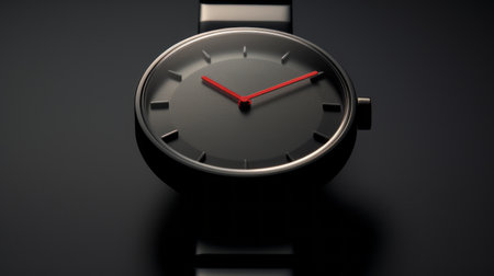 a black watch featuring red hands, designed in the style of vray tracing. this timepiece embodies serene simplicity, drawing inspiration from artists like tyko sallinen and architects like toyo ito. crafted with traditional techniques, the watch showcases a sleek gray aluminum finish. ai generatedの素材