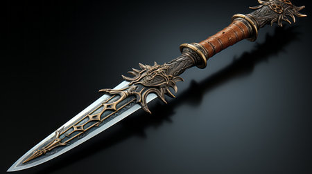 an ornate black and gold blade with metal rings and gold detailing, rendered in the style of luis royo, todd mcfarlane, and clyde caldwell. the detailed shading brings out the intricate design of the weapon, which combines elements of white and bronze. this stunning piece is reminiscent of the craftsmanship from the 1000-1400 ce period. ai generatedの素材