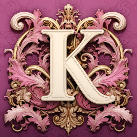 the letter "k" is beautifully showcased in an elegant baroque-style lettering on a vibrant pink background. this stunning design, created with daz3d, features intricate ornate details reminiscent of a storybook. the combination of dark beige and purple hues adds a touch of sophistication to the realistic and hyper-detailed renderings. this artwork captures the essence of both kingcore and kuromicore aesthetics. ai generatedの素材