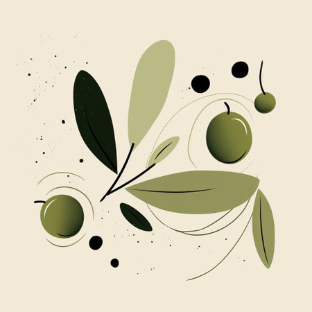 abstract still life featuring olive green blobs on a beige background. this nature-inspired composition showcases intricate foliage in a simplified and colorful illustration style. the asymmetrical and mid-century inspired composition adds a unique touch to this captivating artwork. ai generatedの素材