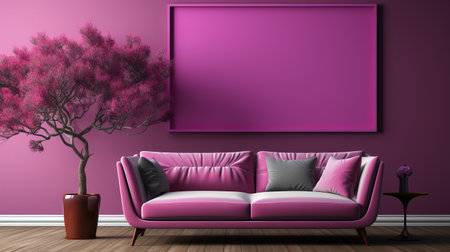 red sofa with purple pillows in a living room featuring a blue wall. the room is designed in a style reminiscent of realistic landscapes, with soft edges and a monochromatic color scheme of light purple and pink. the image is digitally enhanced, showcasing asymmetrical framing and the use of screen tones. dark green and pink accents add depth to the composition. ai generatedの素材