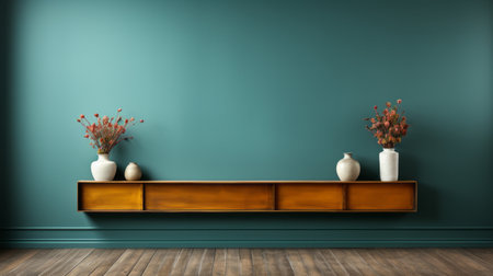 a small shelf hangs gracefully over a vibrant teal wall, showcasing minimalist staging. the realistic and detailed rendering captures the essence of tonalist color scheme, blending natural and man-made elements seamlessly. the minimalist background exudes a midcentury modern vibe, with a harmonious combination of green and brown tones. ai generatedの素材