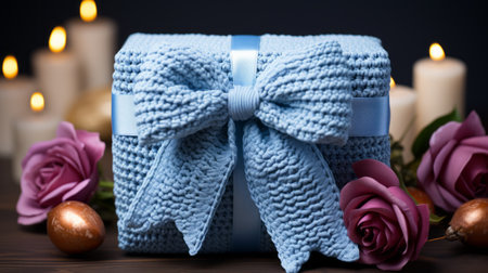 a close-up photo of a luxurious blue gift box adorned with a beautiful blue ribbon. the box is surrounded by delicate roses and candles, creating a romantic atmosphere. the intricate knitted and crocheted textures add a unique touch to the overall design. the aggressive quilting and sculpted fabric create a visually stunning and texture-rich composition. ai generatedの素材